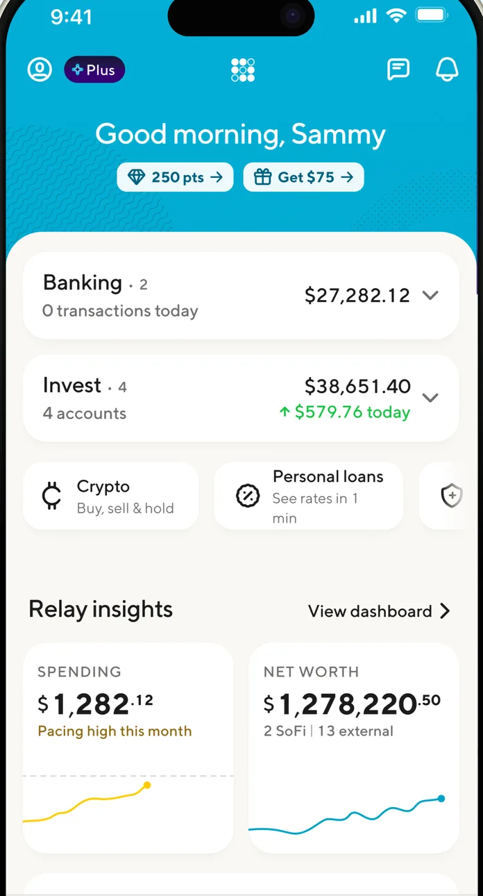 SoFi home screen with product rows and insights