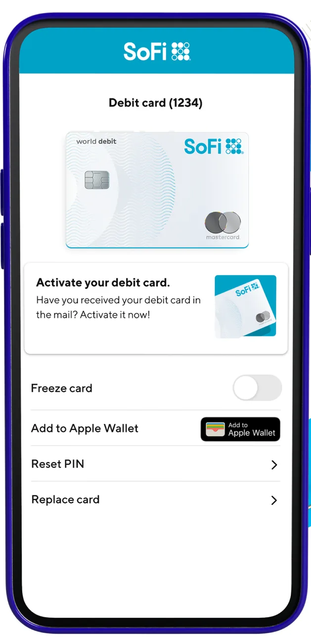 SoFi debit card controls with Freeze card toggle