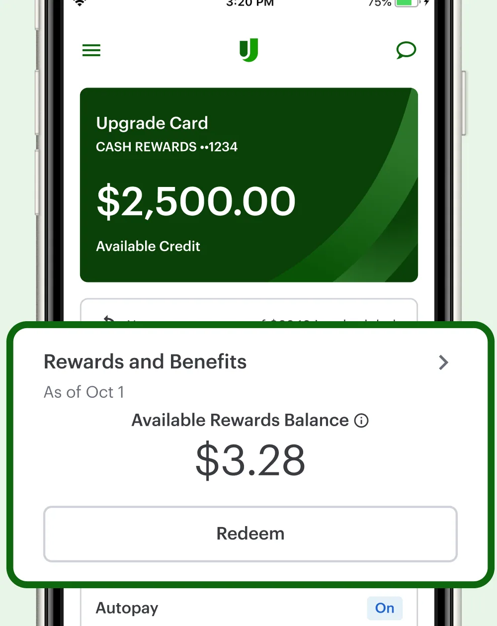 Upgrade Card overview with rewards and autopay