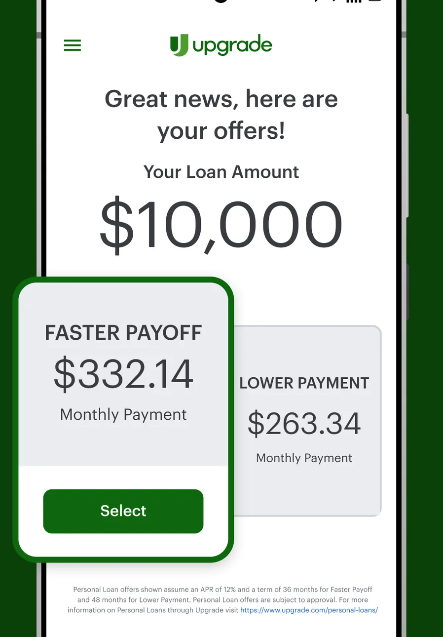 Upgrade personal loan offers screen