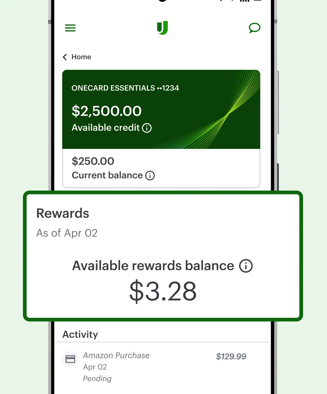 Upgrade credit card overview with rewards balance