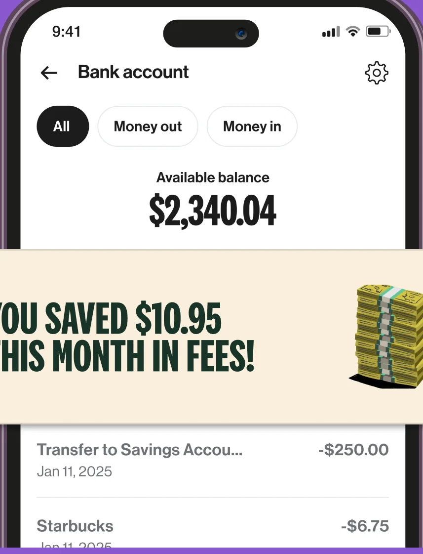 Varo bank account screen with available balance