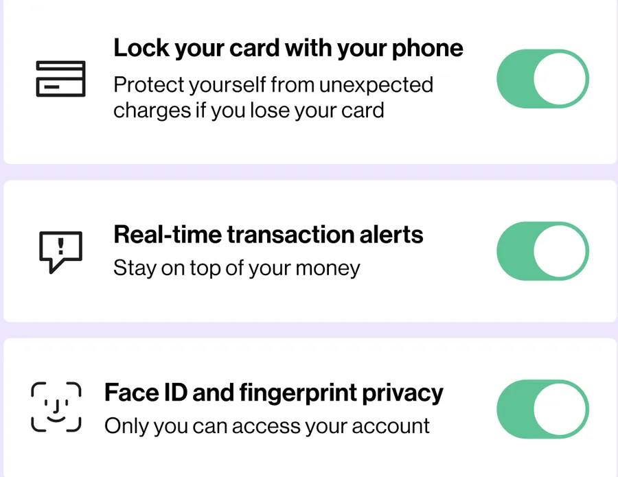 Varo card lock, alerts and biometric toggles