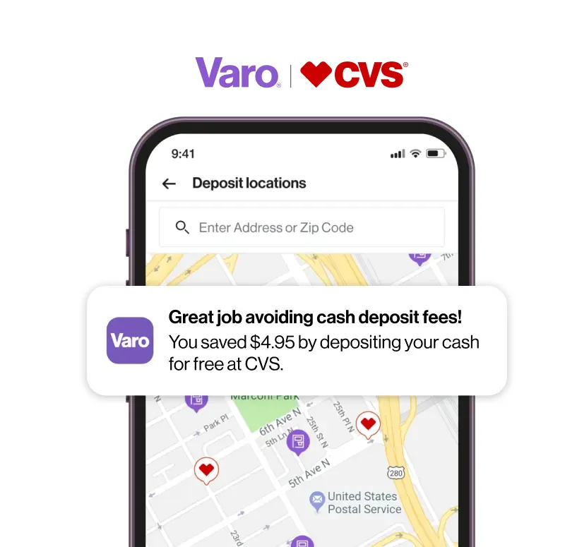 Varo cash deposit locations map with savings banner