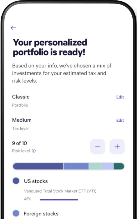 Wealthfront personalized portfolio setup screen
