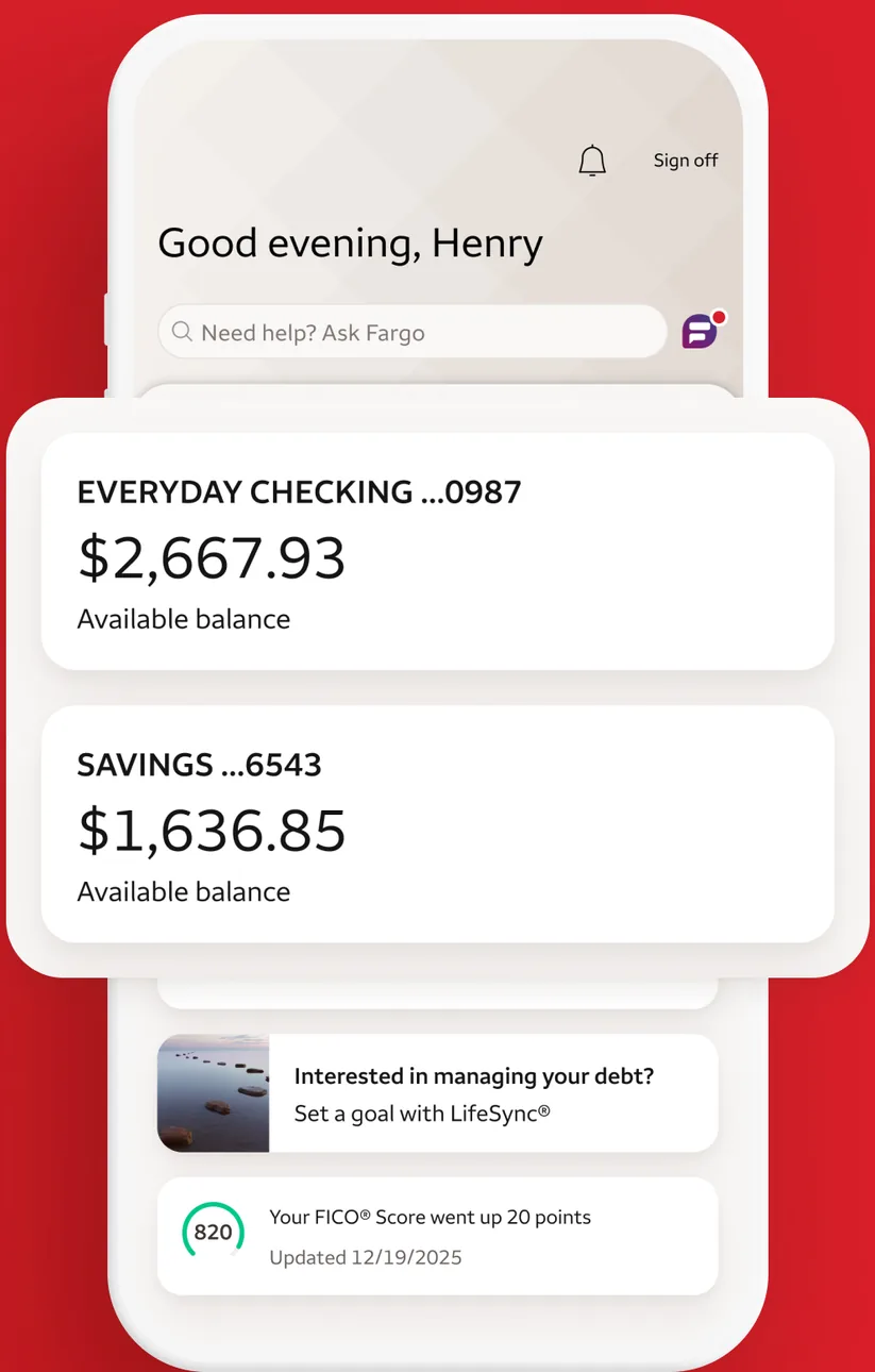 Wells Fargo app account summary with checking and savings balances