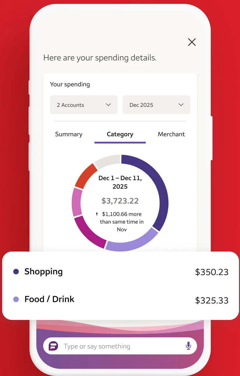 Fargo assistant spending details with category ring chart
