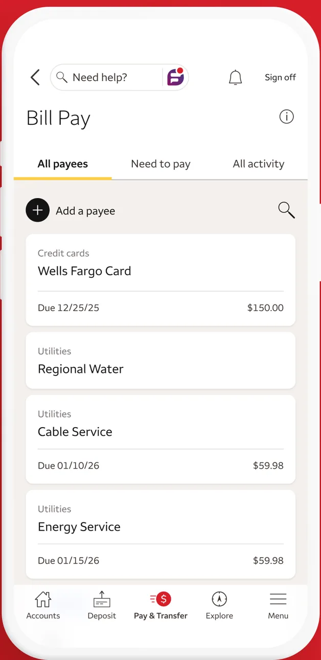 Wells Fargo Bill Pay payee list