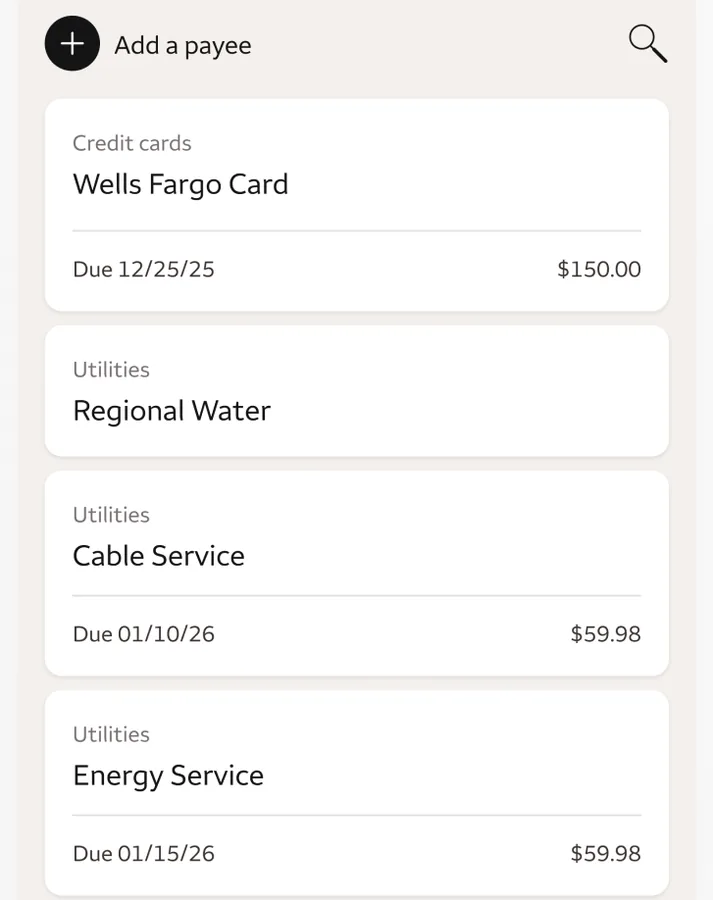 Bill Pay payee list with due dates