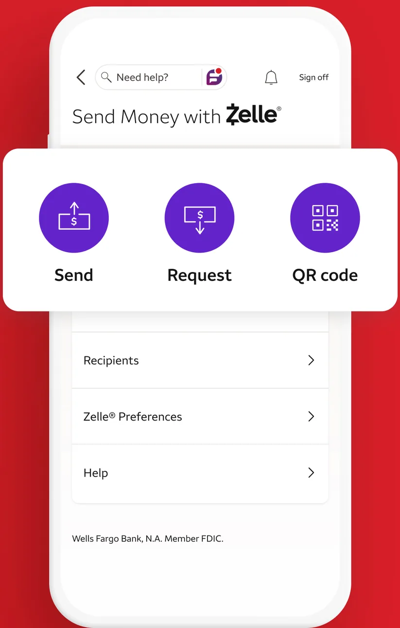 Wells Fargo Zelle screen with Send, Request and QR code