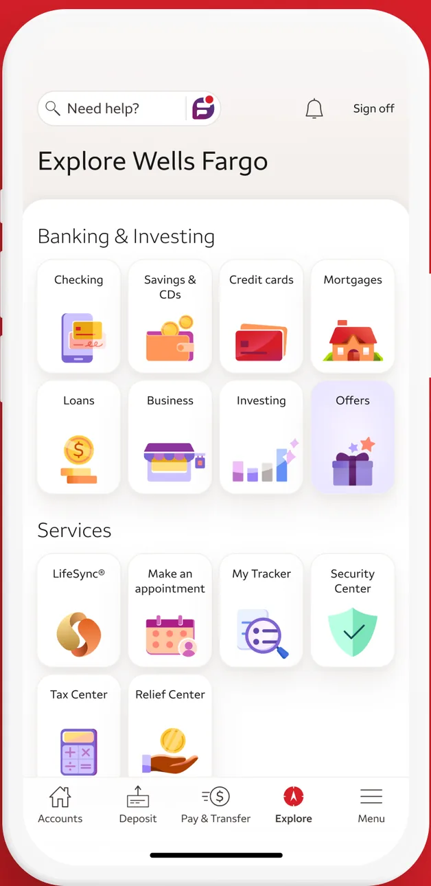 Wells Fargo Explore screen with product and service icons