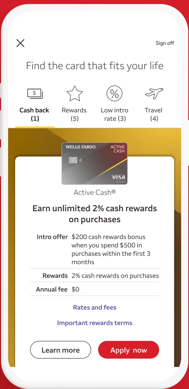 Wells Fargo credit card offer screen