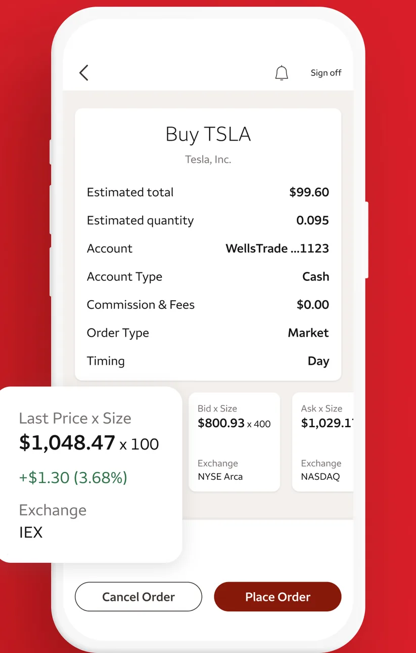 WellsTrade buy order review screen