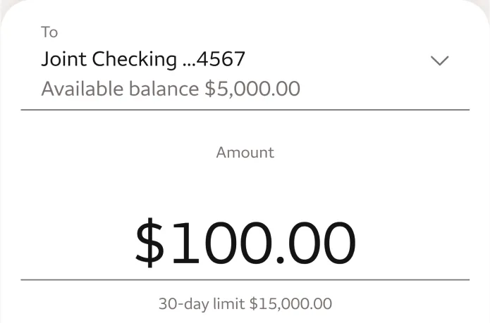 Deposit to Joint Checking, amount $100.00