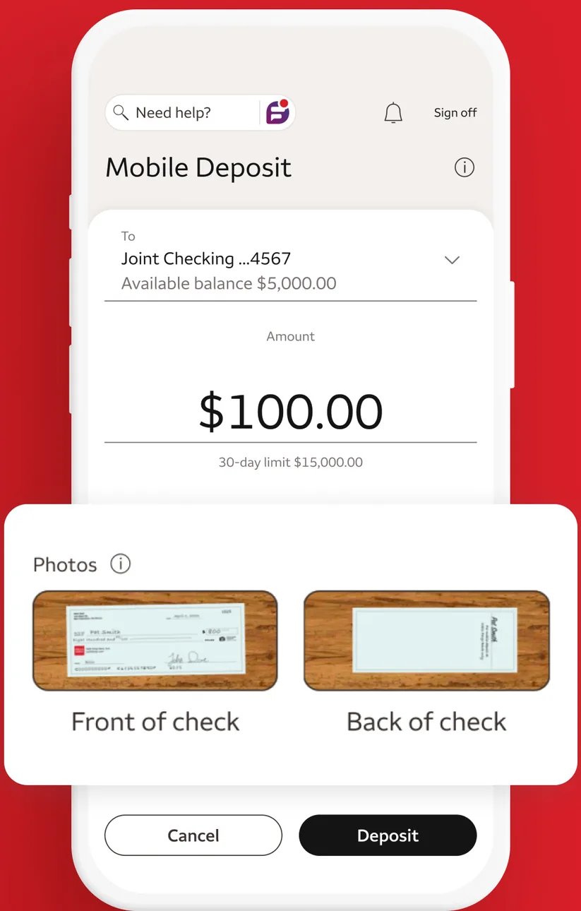 Wells Fargo mobile deposit screen with $100.00 and check photos