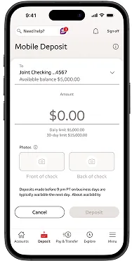 Wells Fargo empty mobile deposit form