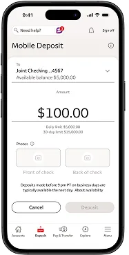 Wells Fargo mobile deposit with $100.00