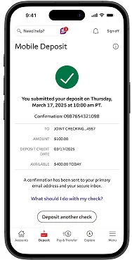 Wells Fargo mobile deposit confirmation