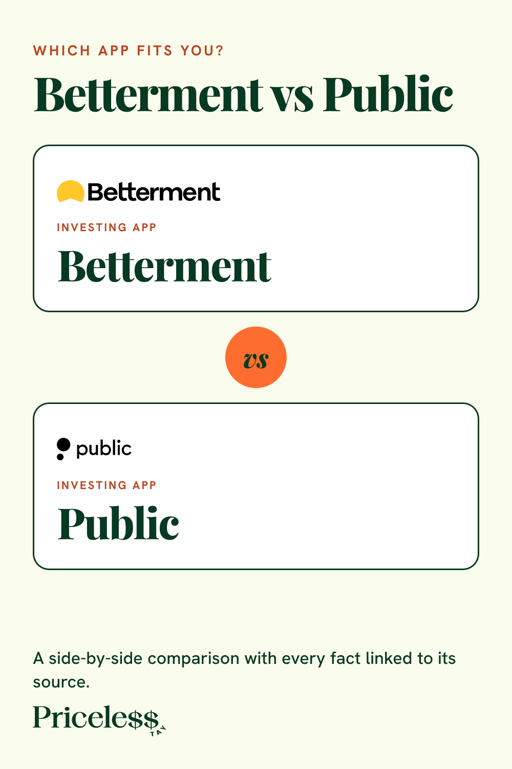 Pinterest pin for Betterment vs Public, a side-by-side app comparison from Priceless Tay.