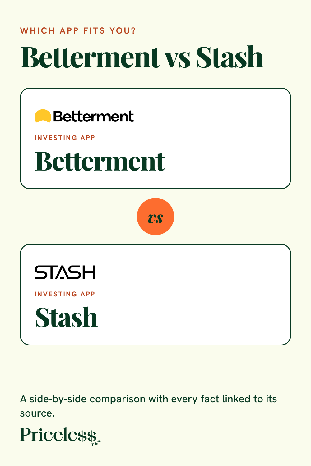 Pinterest pin for Betterment vs Stash, a side-by-side app comparison from Priceless Tay.