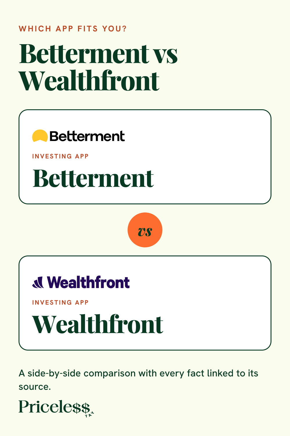 Pinterest pin for Betterment vs Wealthfront, a side-by-side app comparison from Priceless Tay.