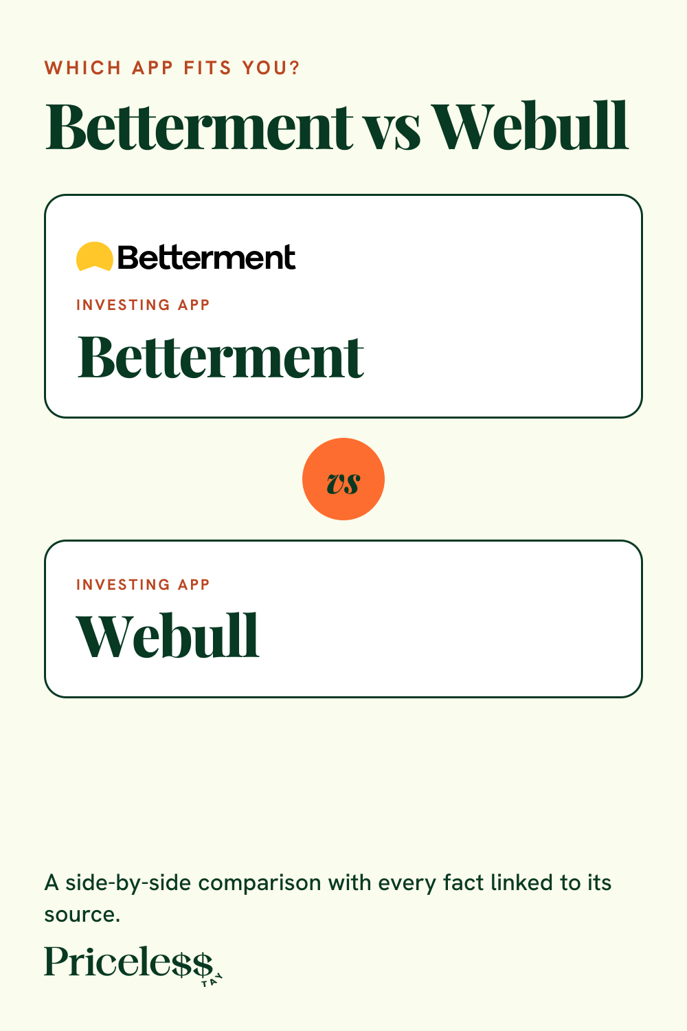 Pinterest pin for Betterment vs Webull, a side-by-side app comparison from Priceless Tay.