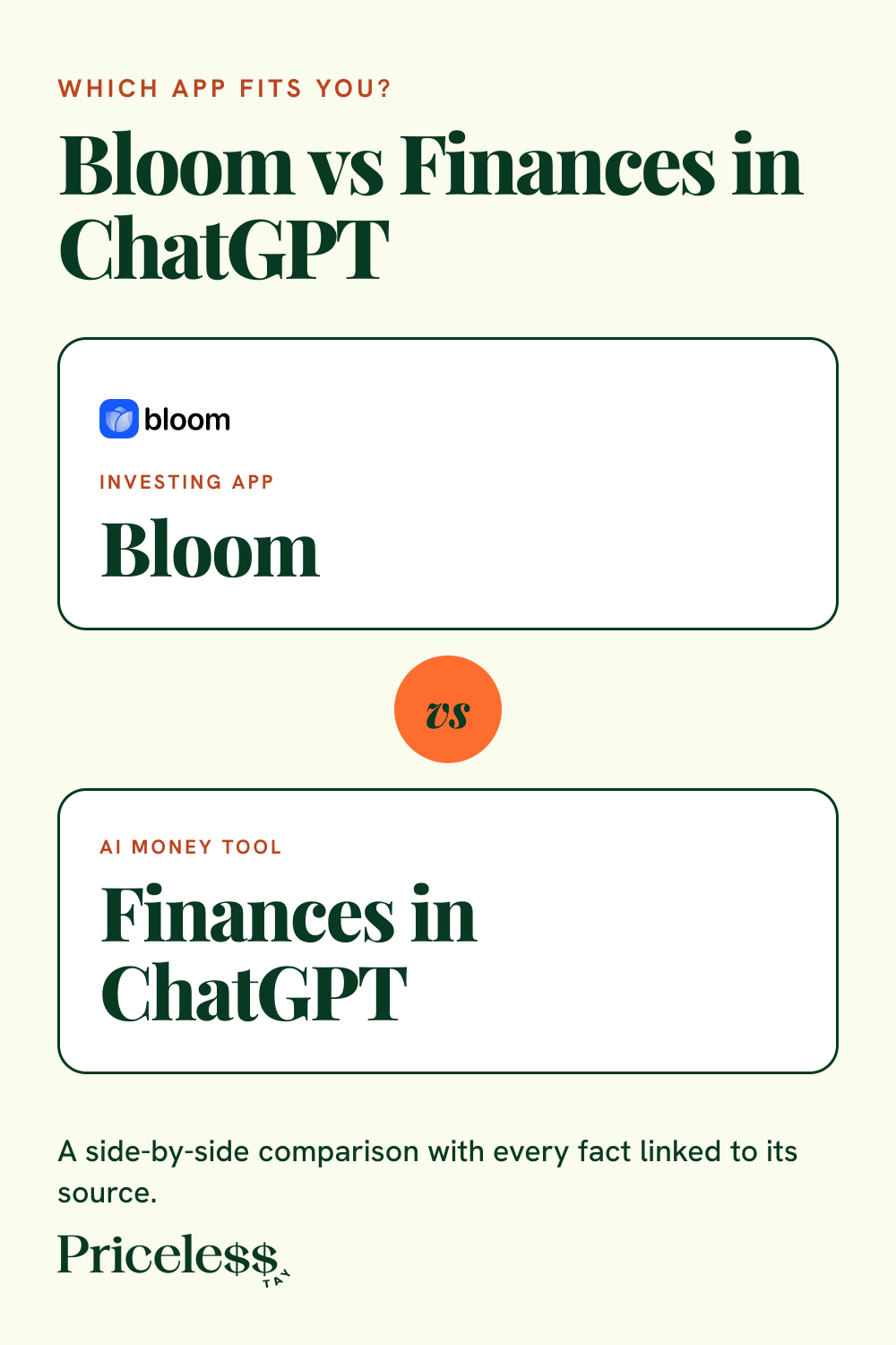 Pinterest pin for Bloom vs Finances in ChatGPT, a side-by-side app comparison from Priceless Tay.