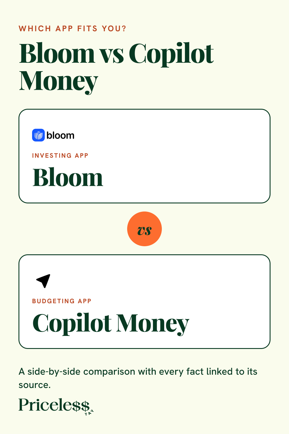 Pinterest pin for Bloom vs Copilot Money, a side-by-side app comparison from Priceless Tay.