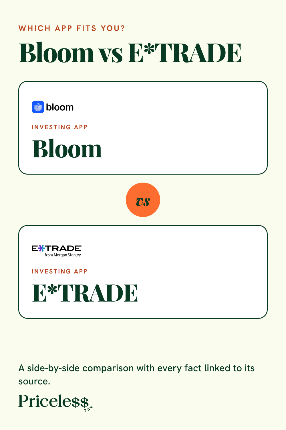 Pinterest pin for Bloom vs E*TRADE, a side-by-side app comparison from Priceless Tay.