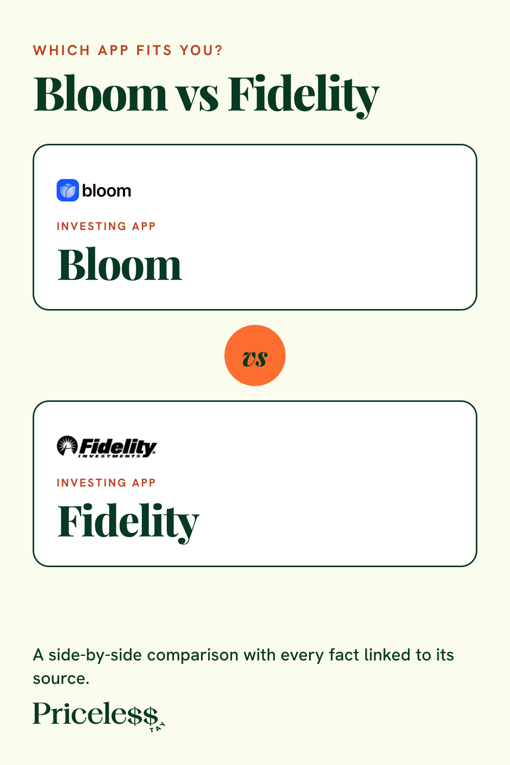 Pinterest pin for Bloom vs Fidelity, a side-by-side app comparison from Priceless Tay.