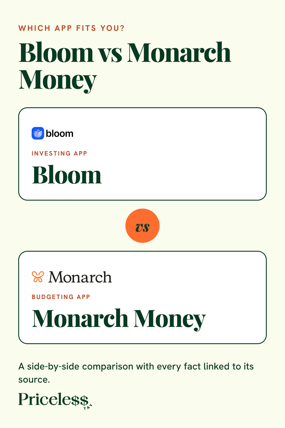 Pinterest pin for Bloom vs Monarch Money, a side-by-side app comparison from Priceless Tay.