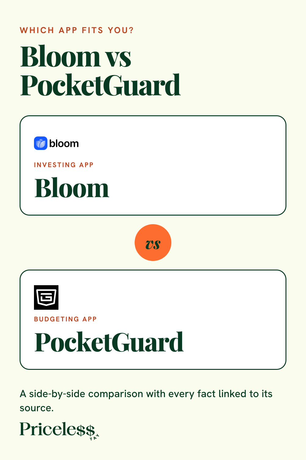 Pinterest pin for Bloom vs PocketGuard, a side-by-side app comparison from Priceless Tay.