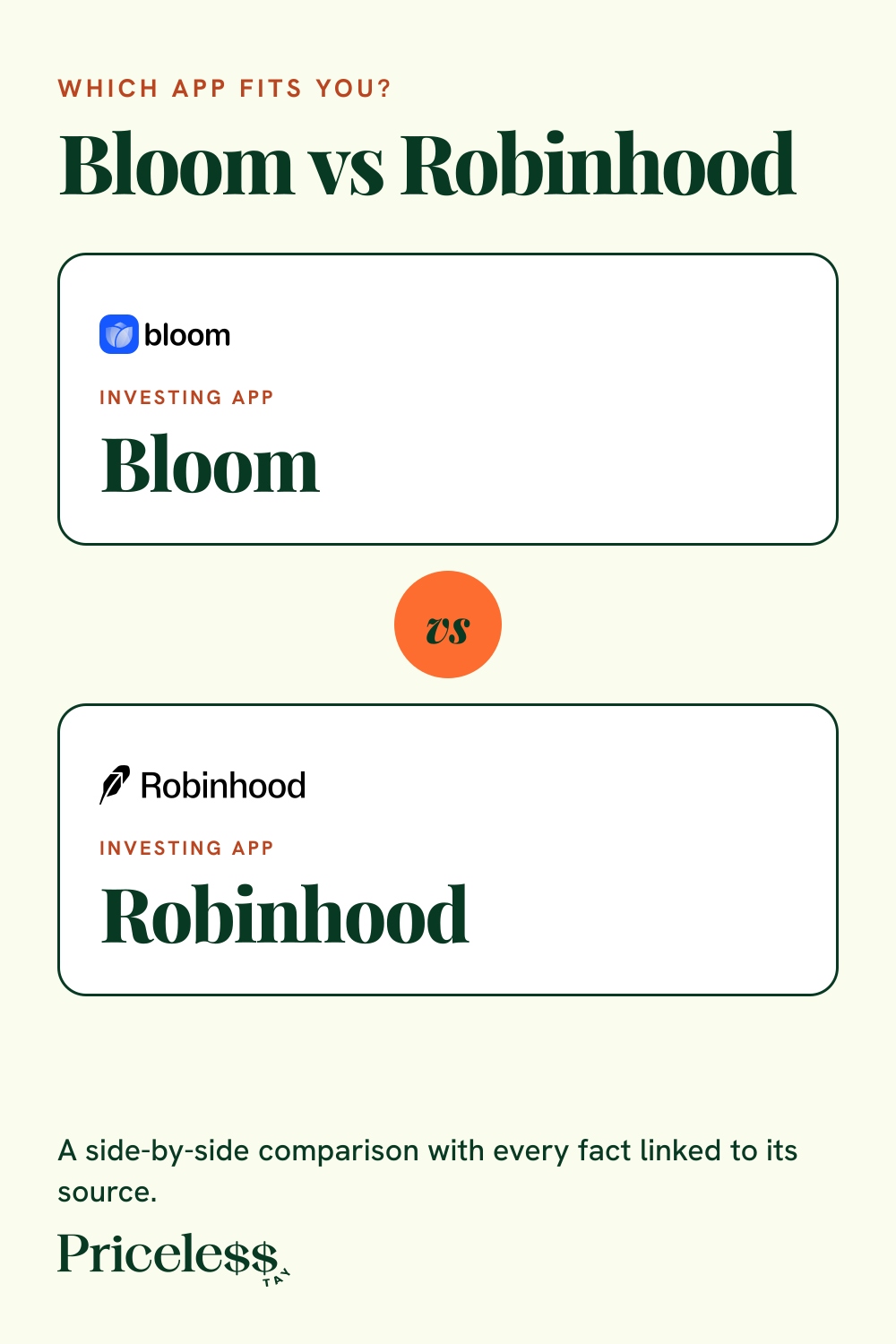 Pinterest pin for Bloom vs Robinhood, a side-by-side app comparison from Priceless Tay.