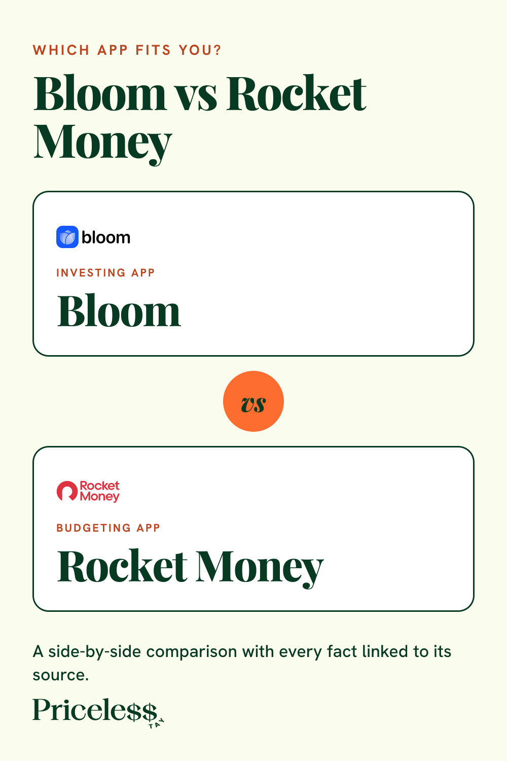 Pinterest pin for Bloom vs Rocket Money, a side-by-side app comparison from Priceless Tay.