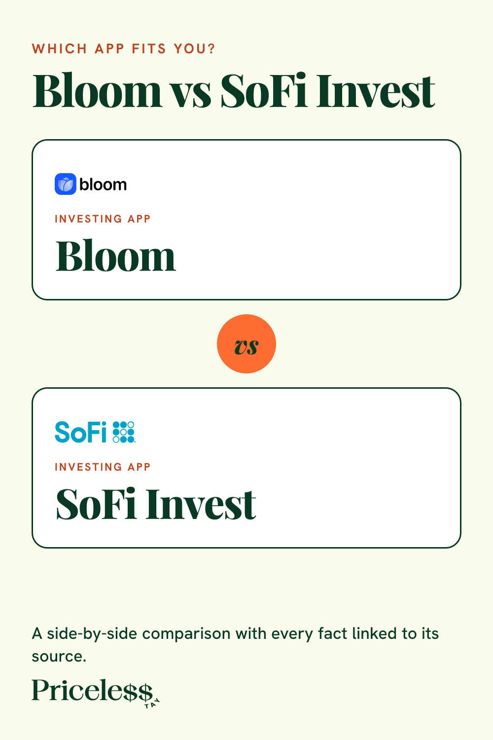 Pinterest pin for Bloom vs SoFi Invest, a side-by-side app comparison from Priceless Tay.