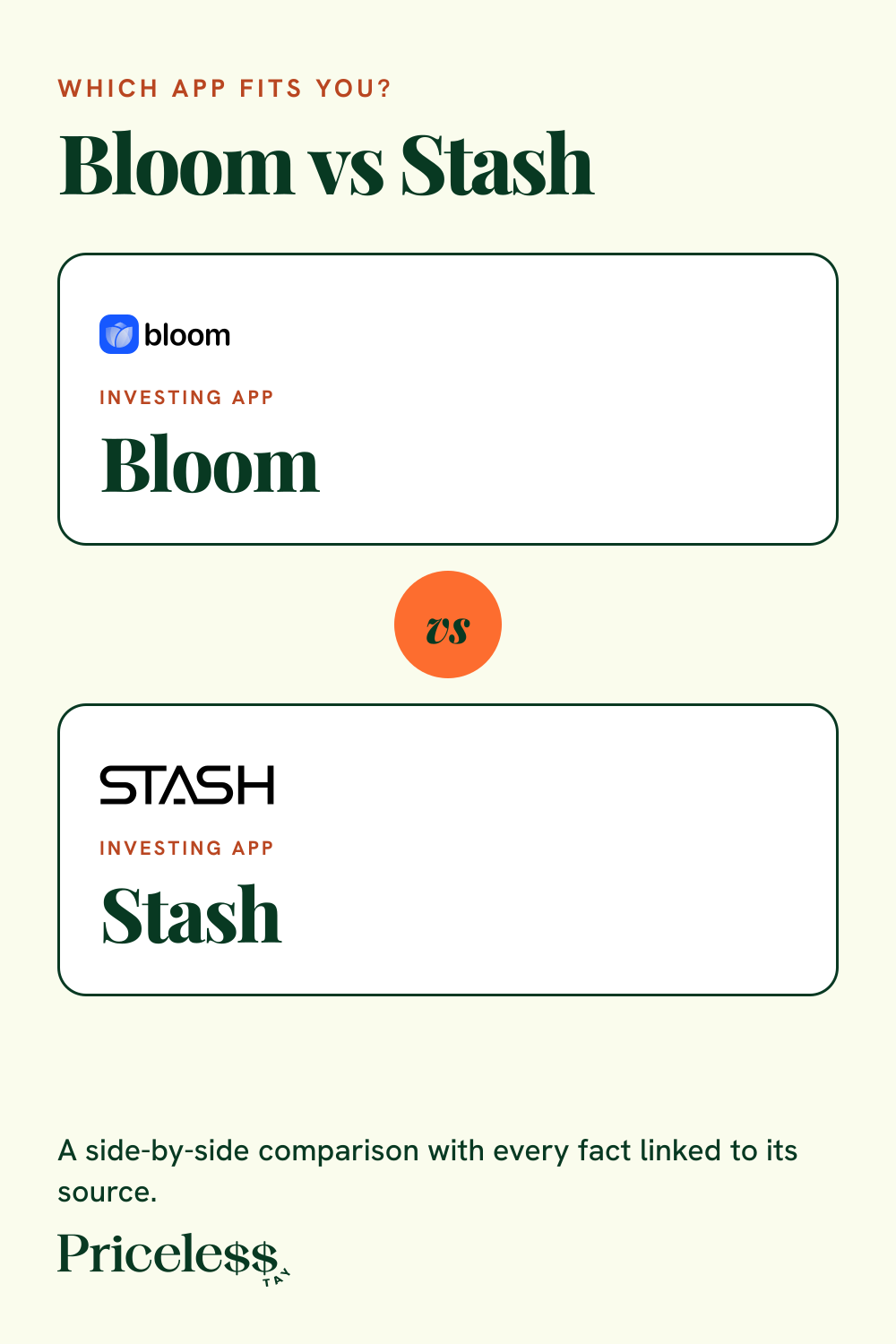 Pinterest pin for Bloom vs Stash, a side-by-side app comparison from Priceless Tay.