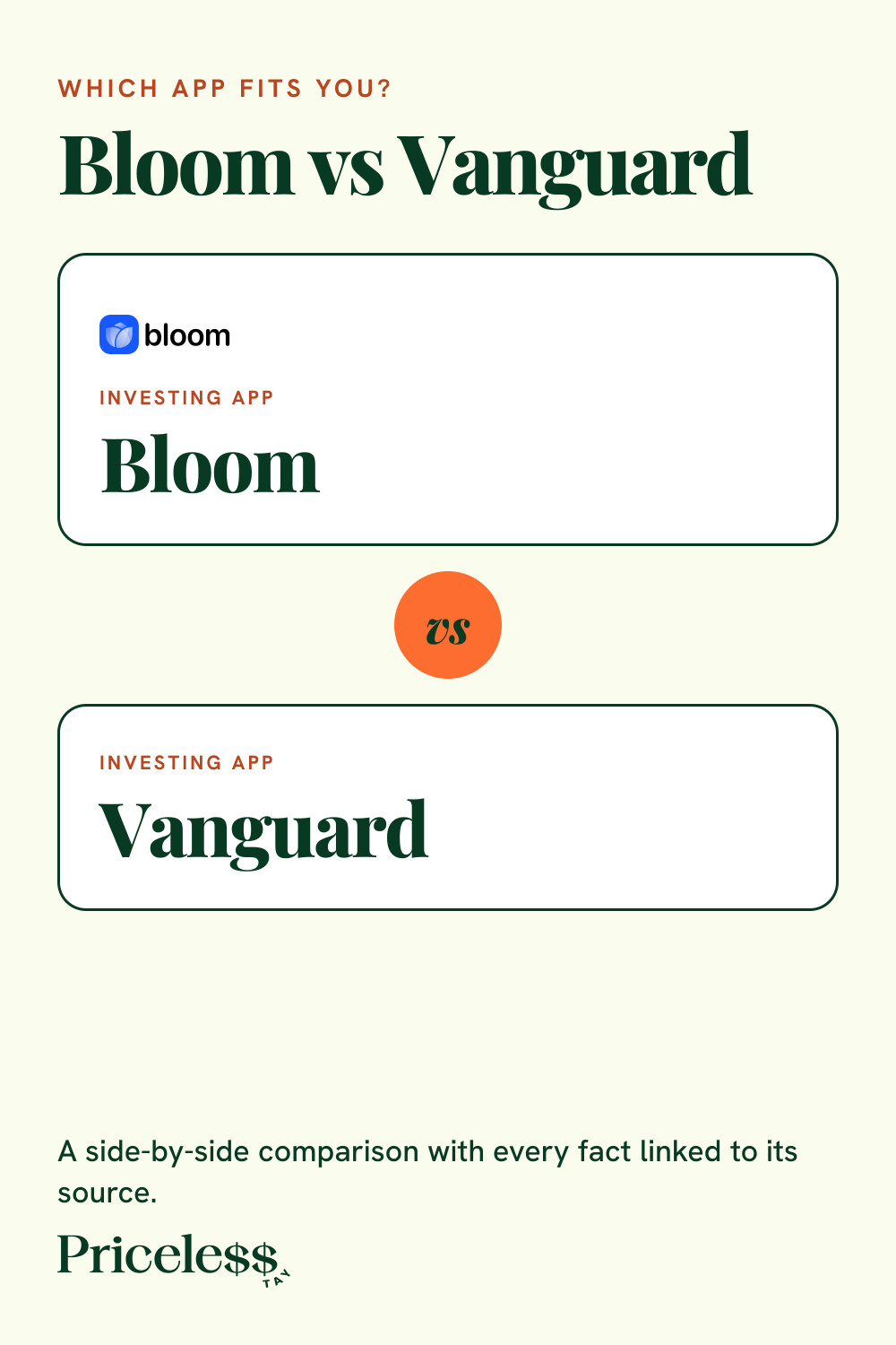 Pinterest pin for Bloom vs Vanguard, a side-by-side app comparison from Priceless Tay.