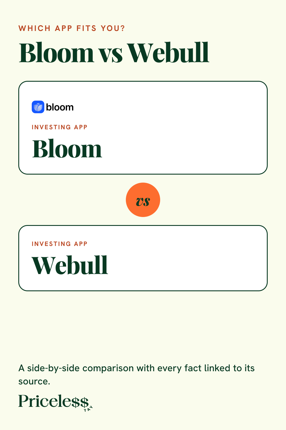 Pinterest pin for Bloom vs Webull, a side-by-side app comparison from Priceless Tay.