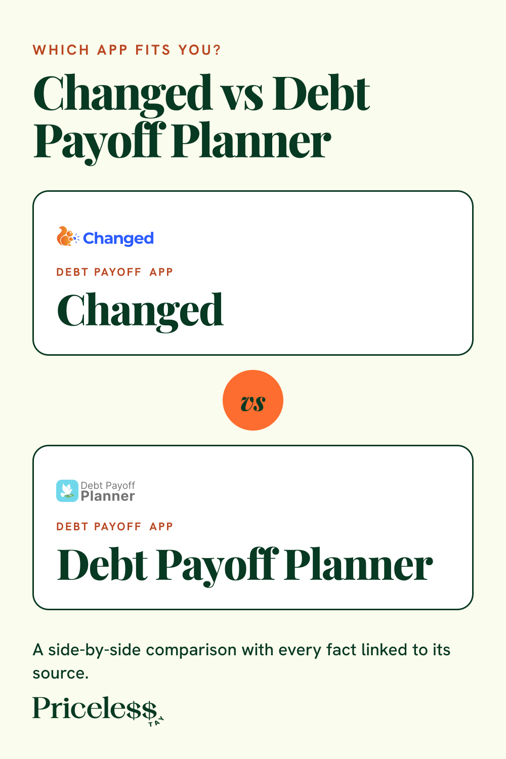Pinterest pin for Changed vs Debt Payoff Planner, a side-by-side app comparison from Priceless Tay.