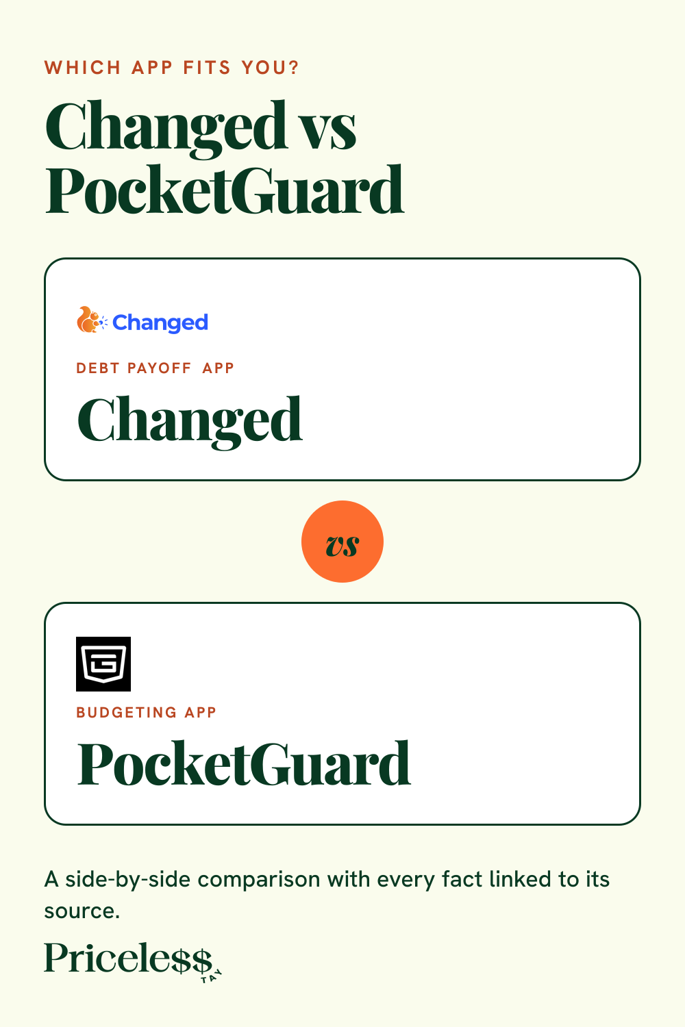 Pinterest pin for Changed vs PocketGuard, a side-by-side app comparison from Priceless Tay.