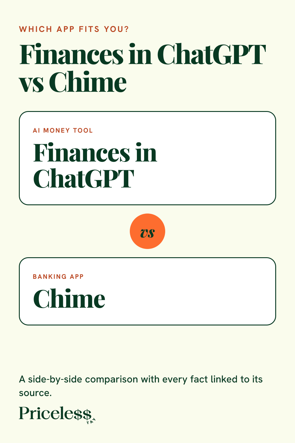 Pinterest pin for Finances in ChatGPT vs Chime, a side-by-side app comparison from Priceless Tay.