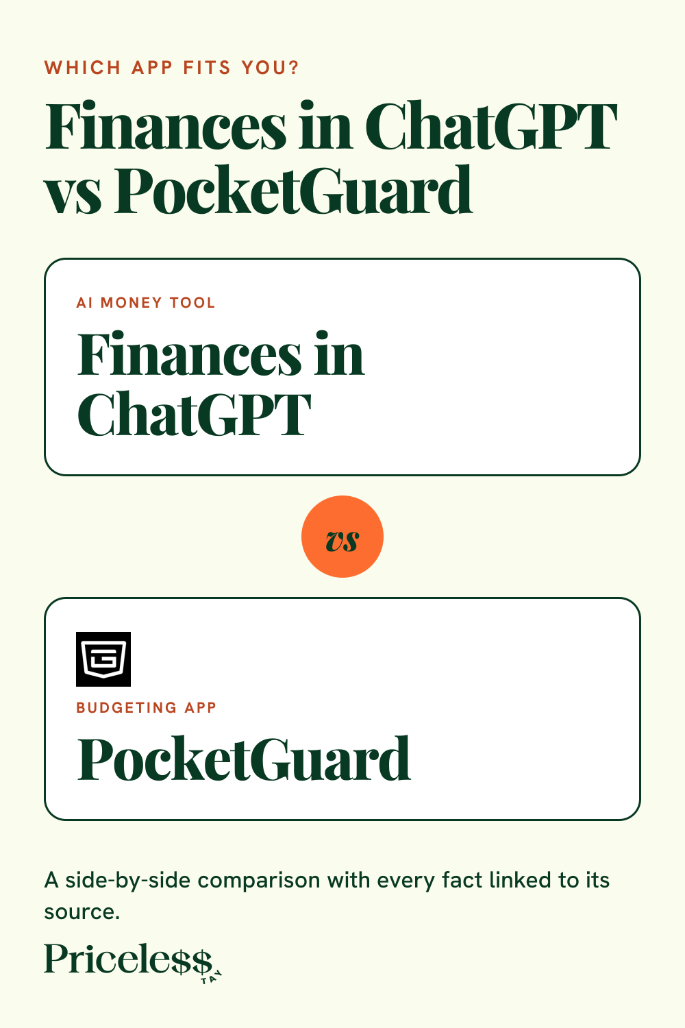 Pinterest pin for Finances in ChatGPT vs PocketGuard, a side-by-side app comparison from Priceless Tay.