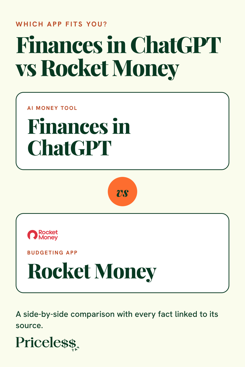 Pinterest pin for Finances in ChatGPT vs Rocket Money, a side-by-side app comparison from Priceless Tay.