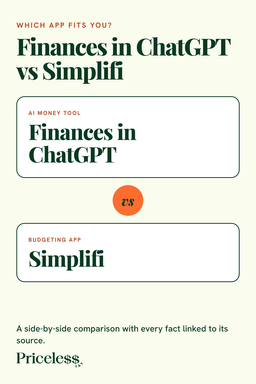 Pinterest pin for Finances in ChatGPT vs Simplifi, a side-by-side app comparison from Priceless Tay.
