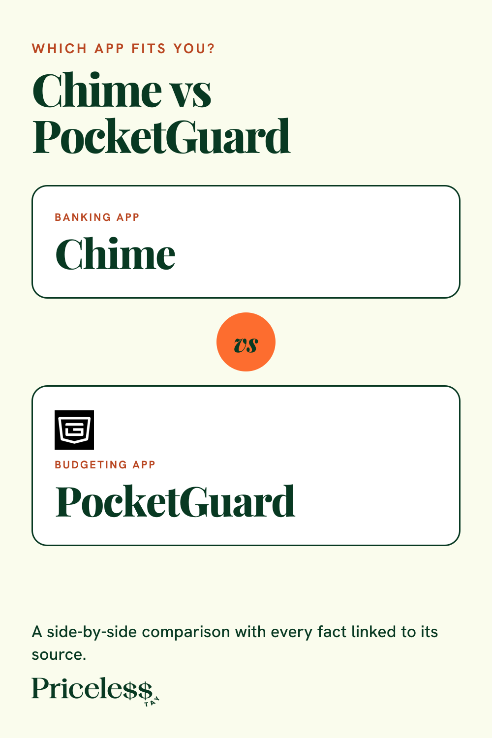 Pinterest pin for Chime vs PocketGuard, a side-by-side app comparison from Priceless Tay.