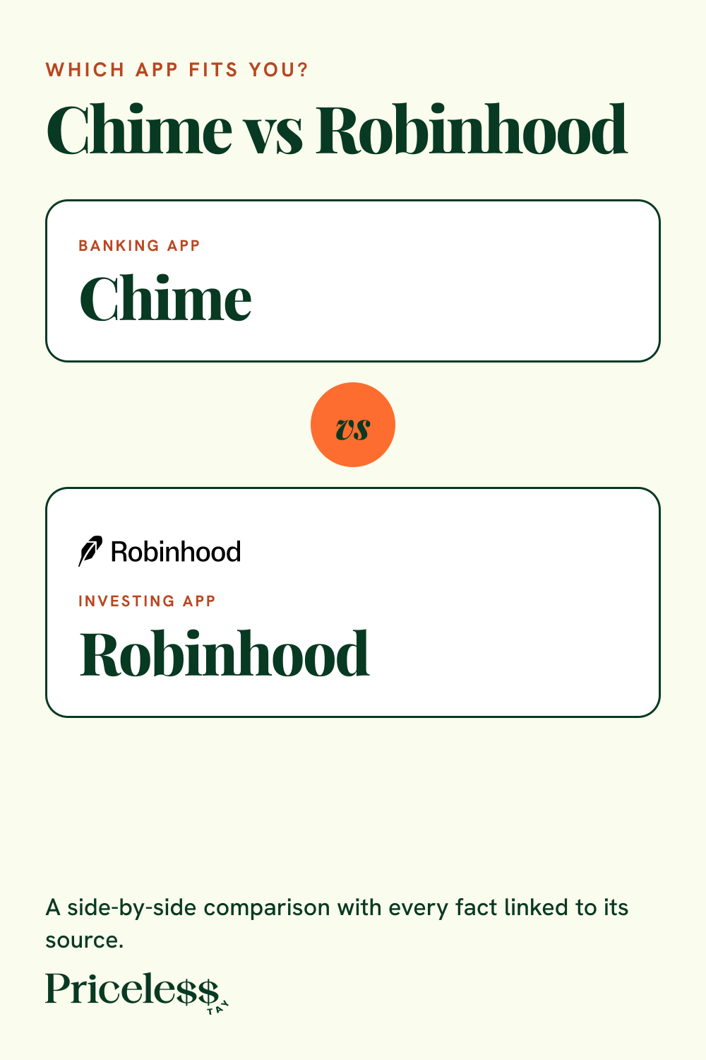 Pinterest pin for Chime vs Robinhood, a side-by-side app comparison from Priceless Tay.