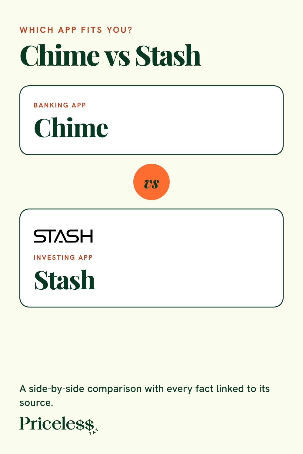Pinterest pin for Chime vs Stash, a side-by-side app comparison from Priceless Tay.