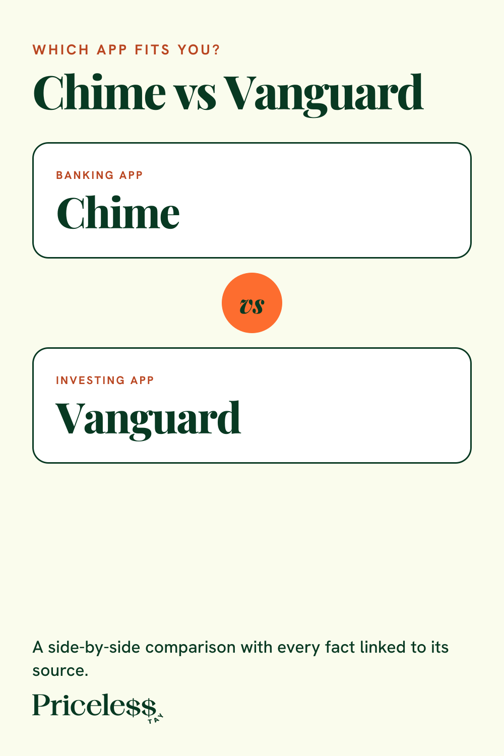 Pinterest pin for Chime vs Vanguard, a side-by-side app comparison from Priceless Tay.