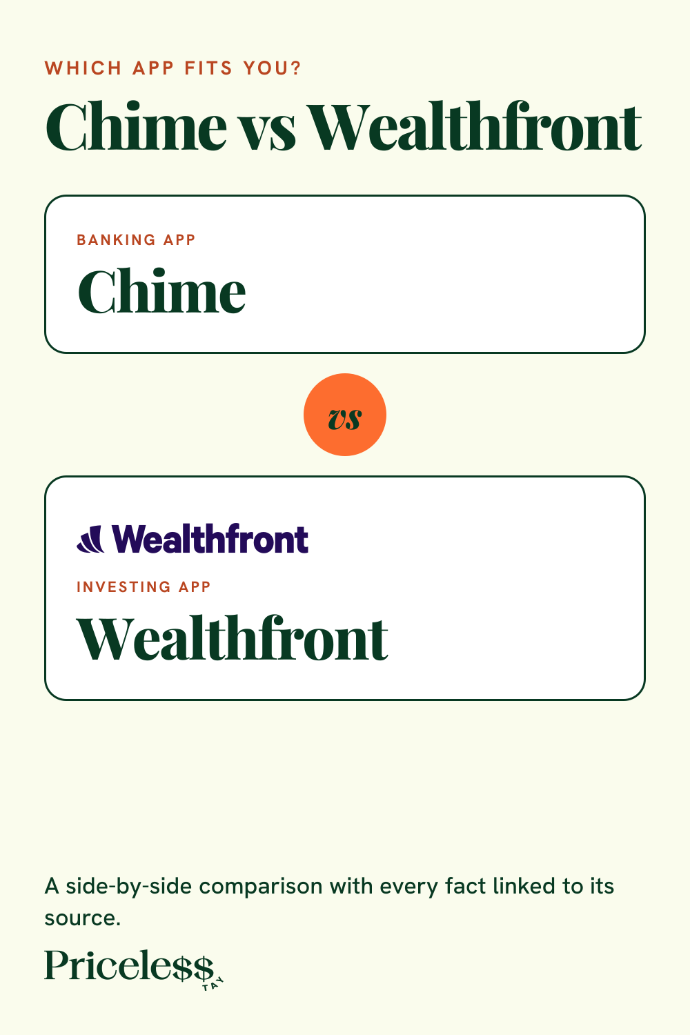 Pinterest pin for Chime vs Wealthfront, a side-by-side app comparison from Priceless Tay.