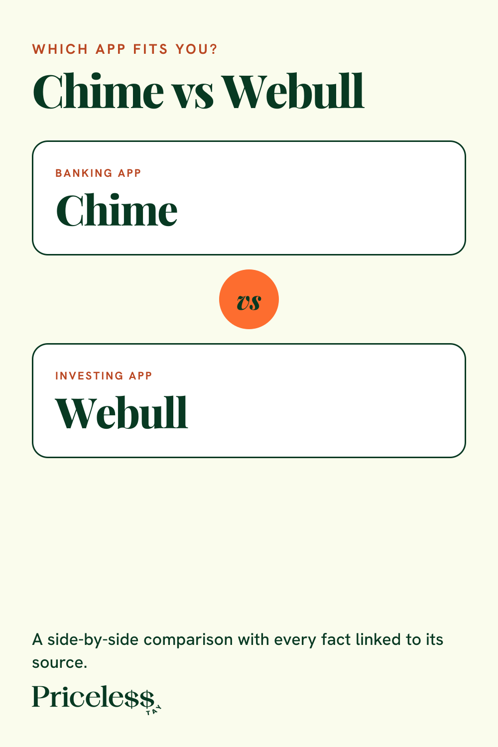 Pinterest pin for Chime vs Webull, a side-by-side app comparison from Priceless Tay.